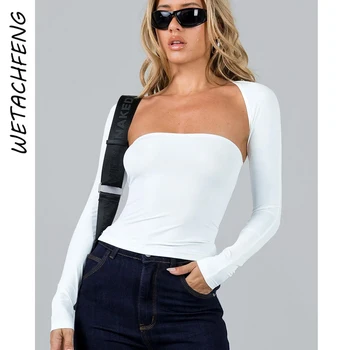 Seksualūs balti ilgomis rankovėmis dviejų dalių slidinėjimo marškinėliai Smock Women Summer Streetwear Y2K Skinny Slim Crop Tops Fashion Female Clothes