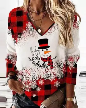 Casual V-Neck Christmas Snowman Snowflake Plaid Print Long Sleeve Top 2023 Rudens drabužių mada Universalus megztinis Tee