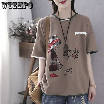 WTEMPO Cotton Summer Print marškinėliai Moteriški oversize trumpomis rankovėmis Laisvi laisvalaikio korėjiečių mados top vintažiniai marškiniai Drop Shipping