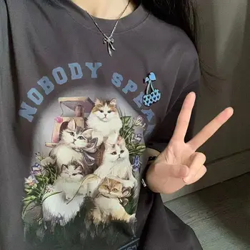 Korean Trend Streetwear Kawaii Cats Print T Shirts Graphic Tee Oversized Summer Large 2XL Mujer Y2K Tops Hip Hop Harajuku Teens