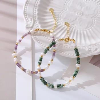 Klasikinės gėlo vandens perlų karoliukų apyrankės Žalias natūralus akmuo Violetinis krištolas Auksas Kieti karoliukai Nerūdijančio plieno apyrankės