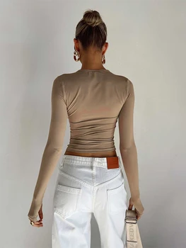 Women s Slim Fit Crop Tops ilgomis rankovėmis Įgulos kaklas Vienspalviai marškinėliai Palaidinės su nykščio skylutėmis