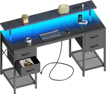 Huuger 55 colių kompiuterio stalas su 4 stalčiais, žaidimų stalas su LED lemputėmis ir maitinimo lizdais, namų biuro stalas su didele saugykla